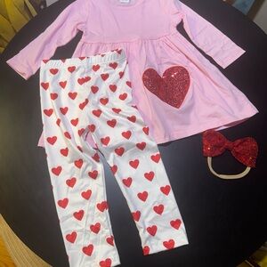 Pink Dress and Heart Leggings Set with Headband